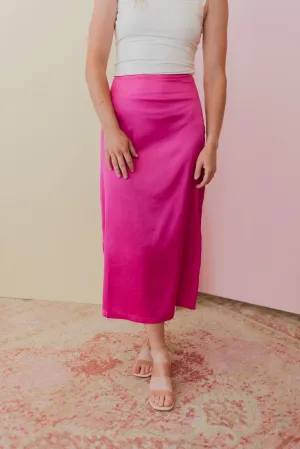 Sweet Gesture Fuchsia Satin Midi Skirt